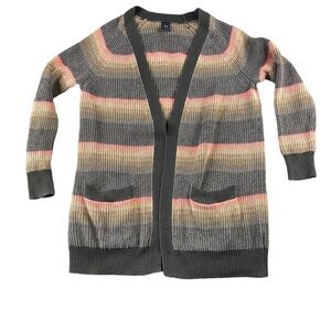Gap Womens Medium Gray Strip Open Front Long Line Cardigan Sweater w/ Pockets